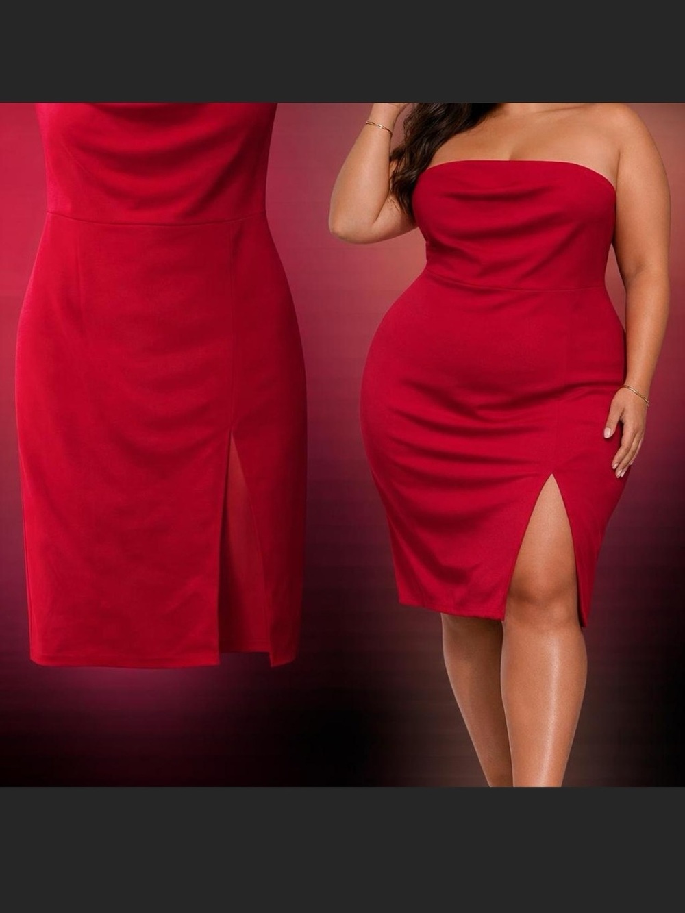 Fashion Nova Strapless Red Bodycon Midi Dress with Side Slit